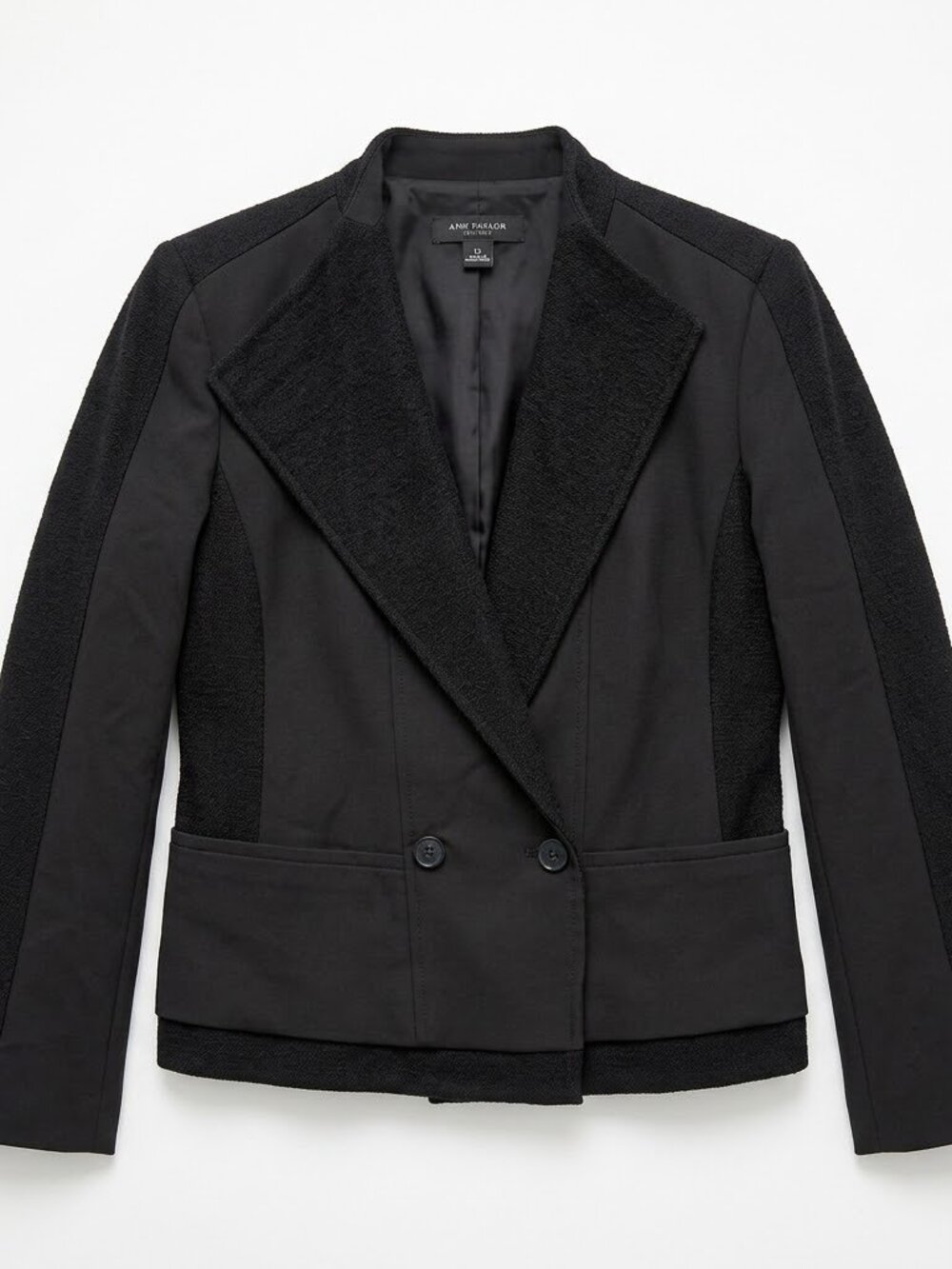 Ann Taylor 12 Black Asymmetric Double Breasted Boucle Knit Mixed Media Blazer